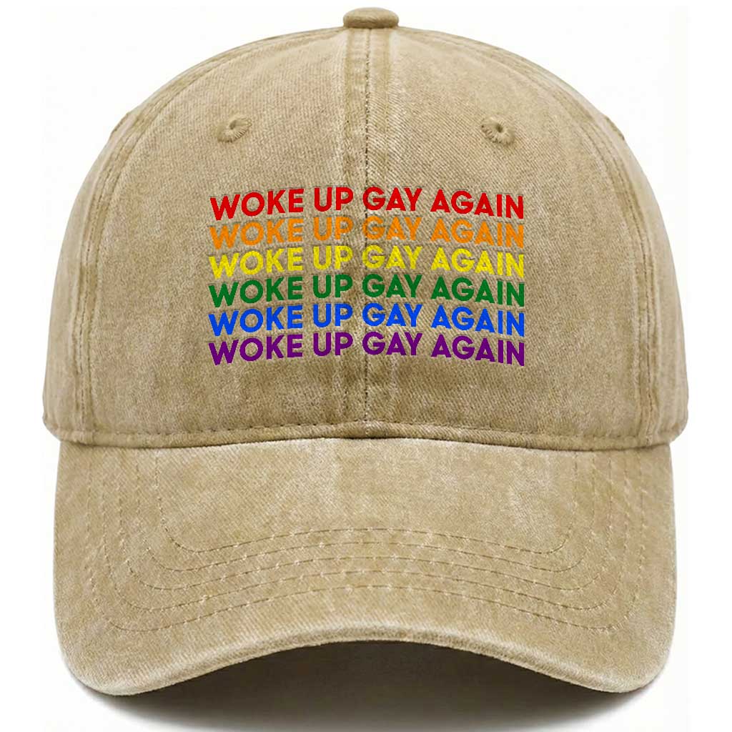 Woke Up Gay Again Washed Cotton Baseball Cap Funny LGBTQ Rainbow Typography