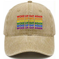 Woke Up Gay Again Washed Cotton Baseball Cap Funny LGBTQ Rainbow Typography