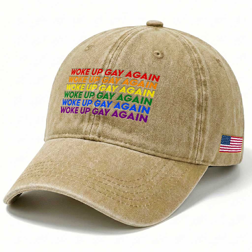 Woke Up Gay Again Washed Cotton Baseball Cap Funny LGBTQ Rainbow Typography