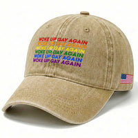 Woke Up Gay Again Washed Cotton Baseball Cap Funny LGBTQ Rainbow Typography