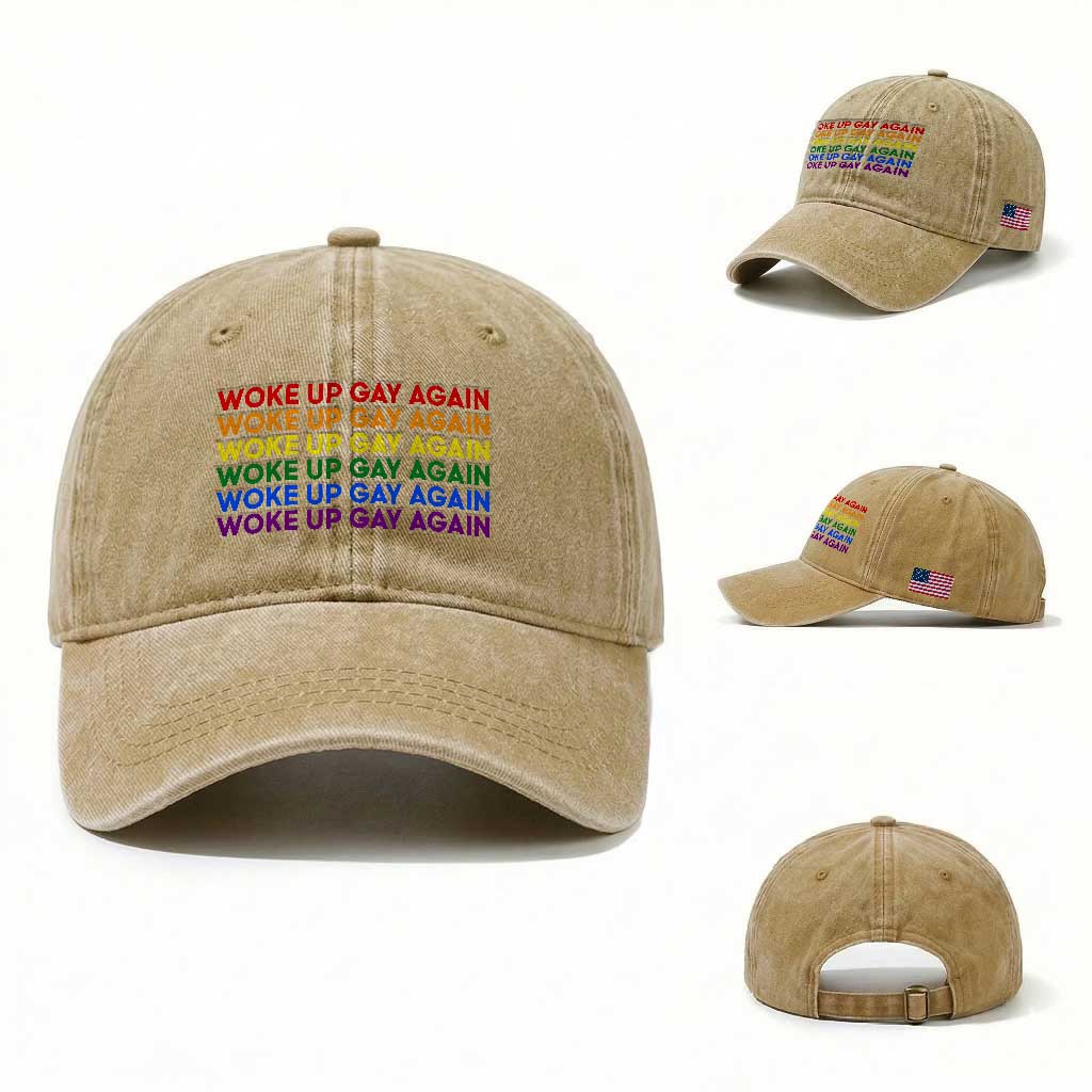 Woke Up Gay Again Washed Cotton Baseball Cap Funny LGBTQ Rainbow Typography