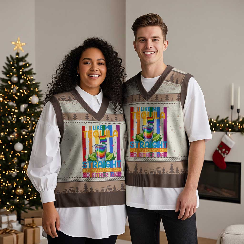 I Like My Tequila Straight But My Friends Go Either Way V-Neck Knit Sweater Vest Funny LGBTQ Drinking