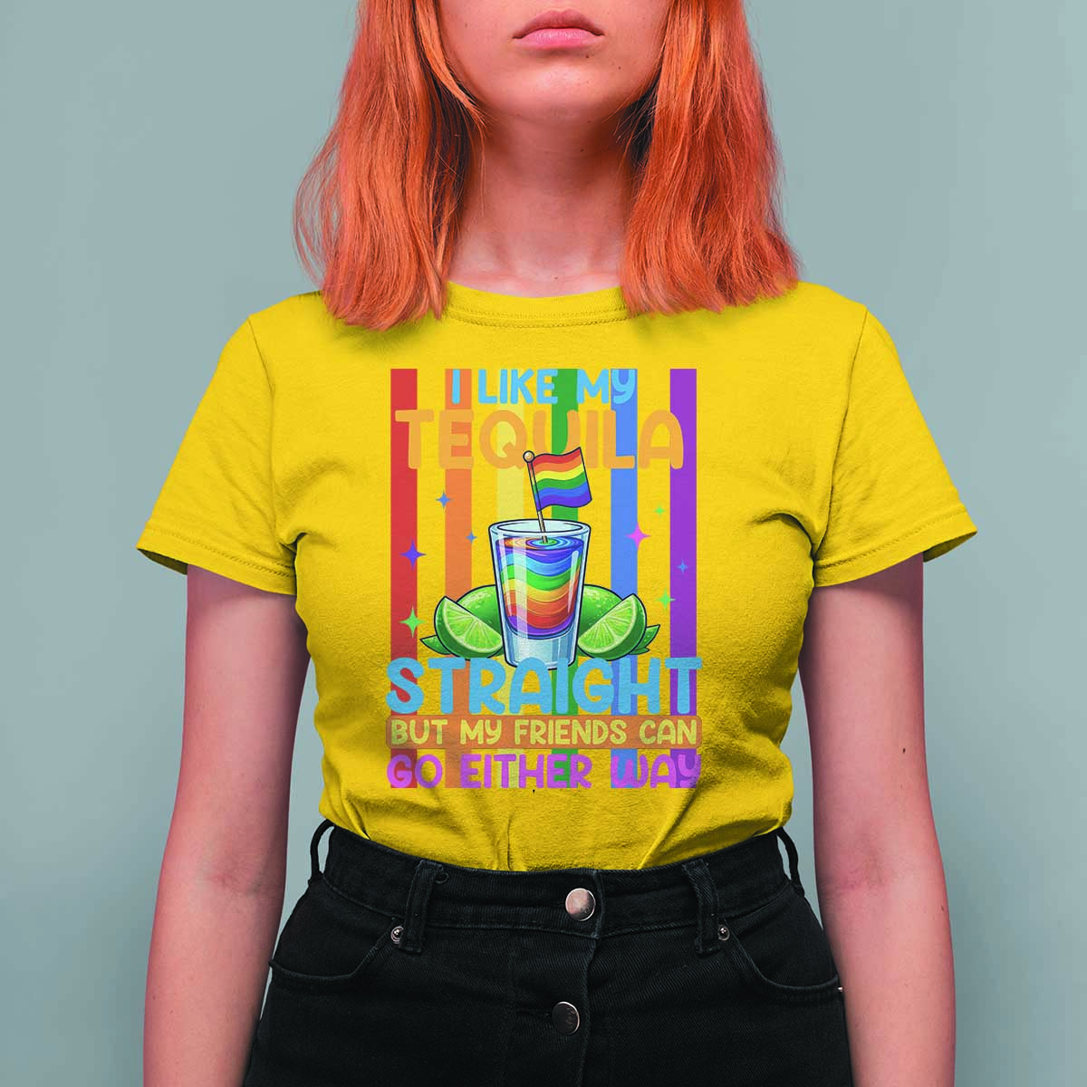 I Like My Tequila Straight But My Friends Go Either Way T Shirt For Women Funny LGBTQ Drinking