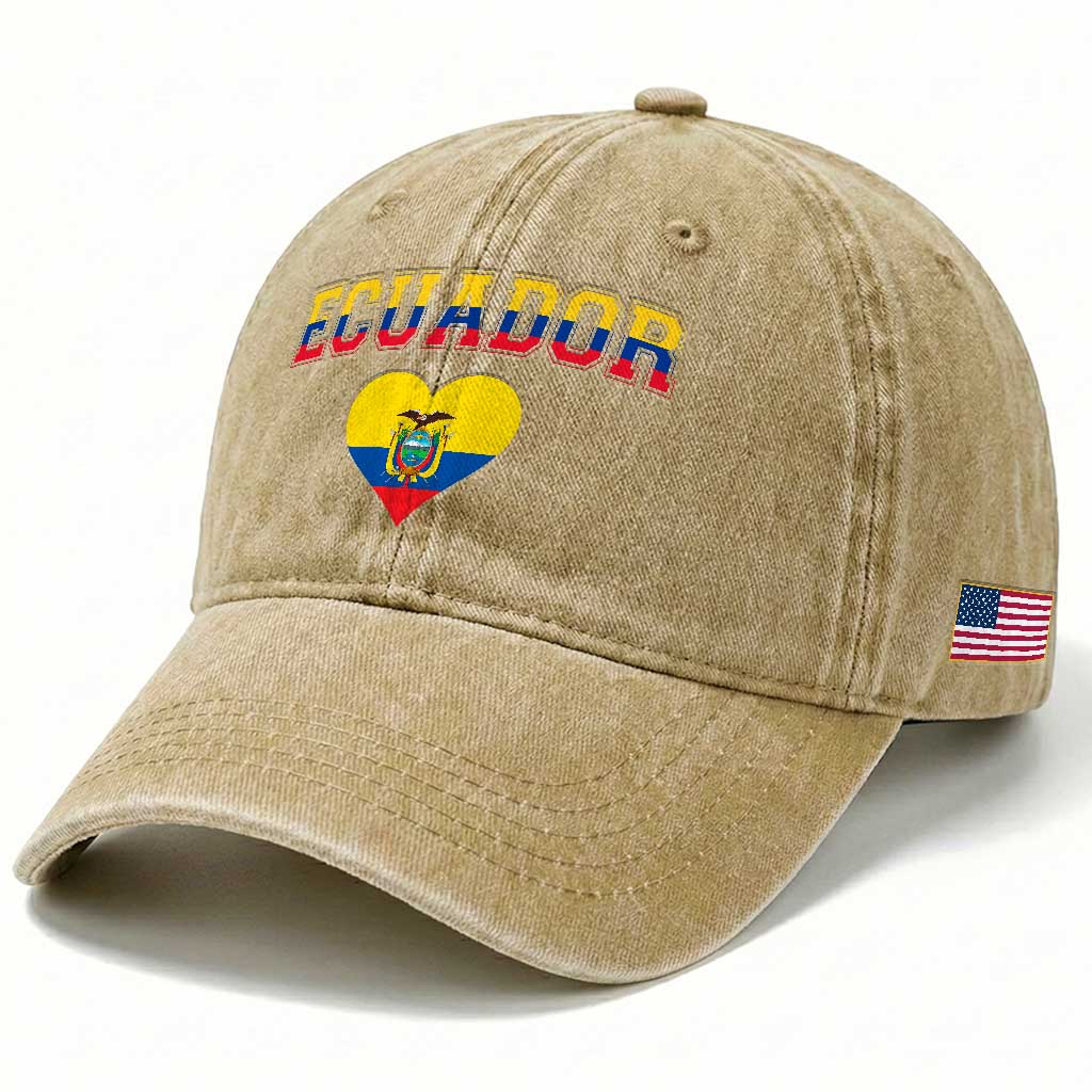 Vintage Ecuador Flag Heart Washed Cotton Baseball Cap Proud Ecuadorian Heritage Gift