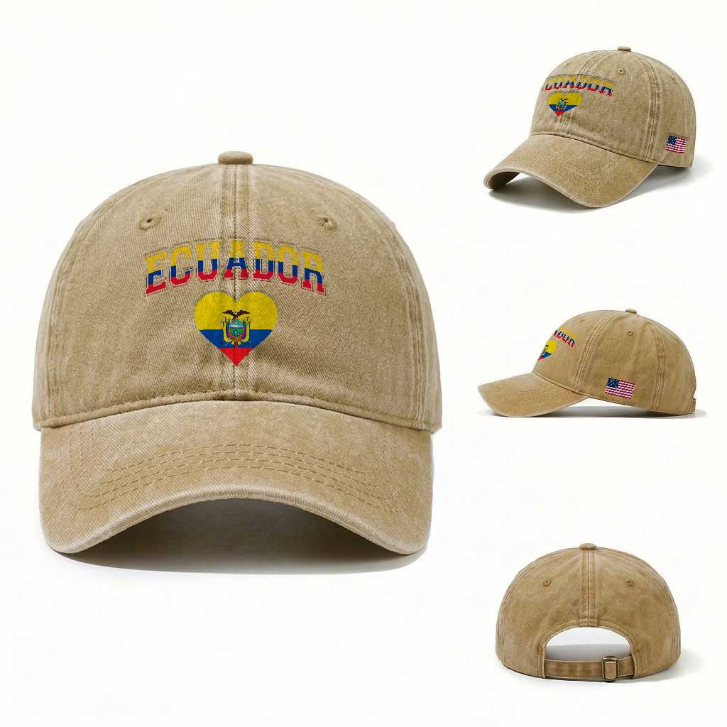 Vintage Ecuador Flag Heart Washed Cotton Baseball Cap Proud Ecuadorian Heritage Gift