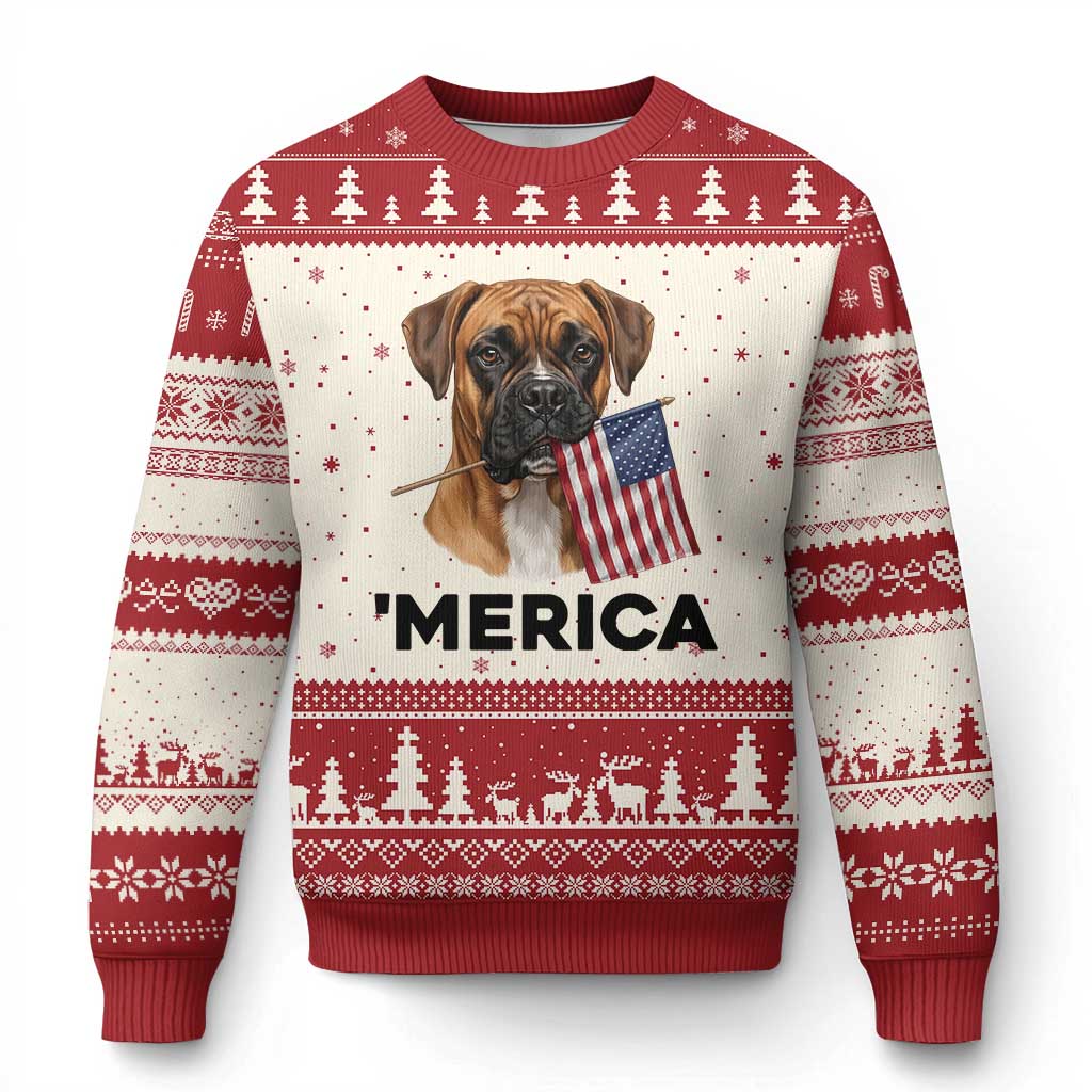 Merica Patriotic Boxer Mom Dad Gift Ugly Christmas Sweater Merica 4th Of July