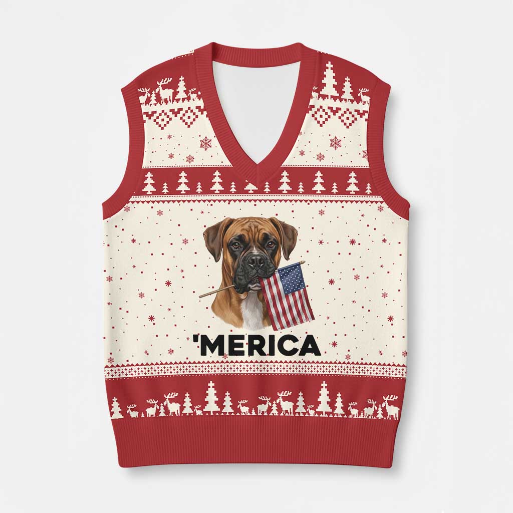 Merica Patriotic Boxer Mom Dad Gift V-Neck Knit Sweater Vest Merica 4th Of July