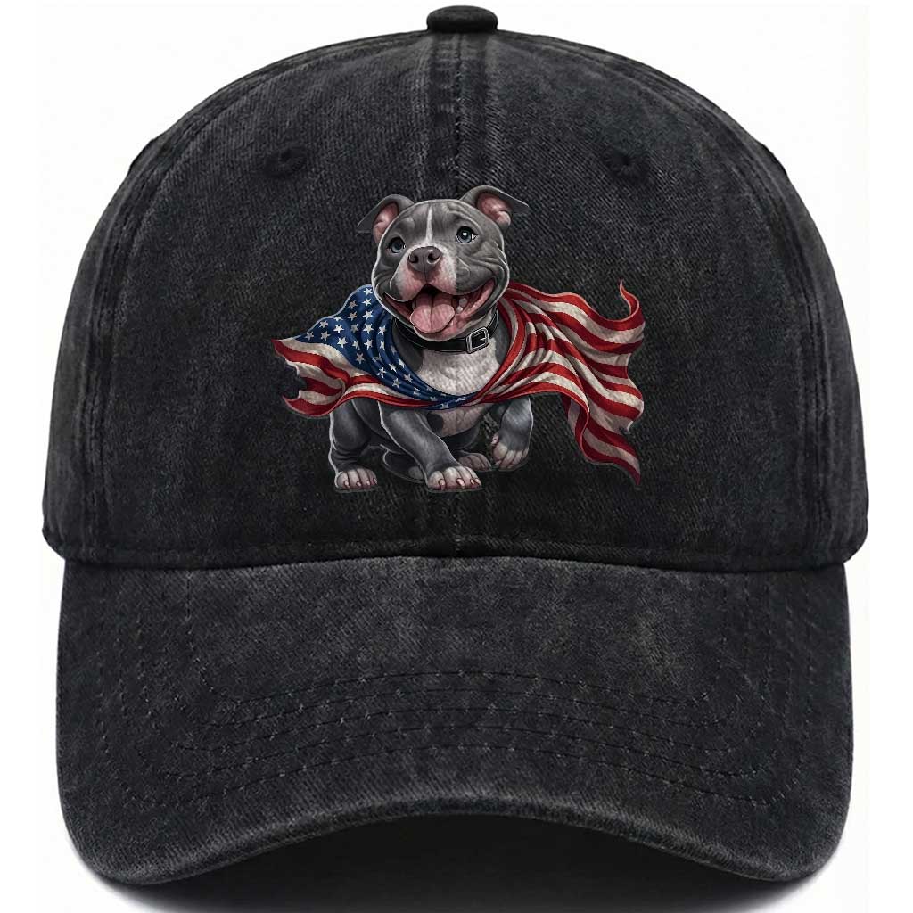 Patriotic Pitbull Dog USA Flag Washed Cotton Baseball Cap 4th Of July Pride