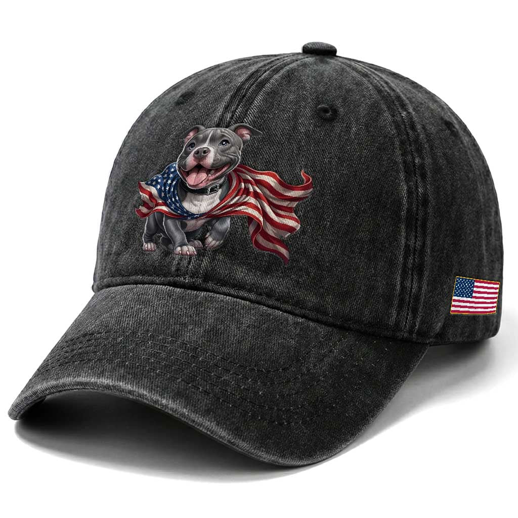 Patriotic Pitbull Dog USA Flag Washed Cotton Baseball Cap 4th Of July Pride