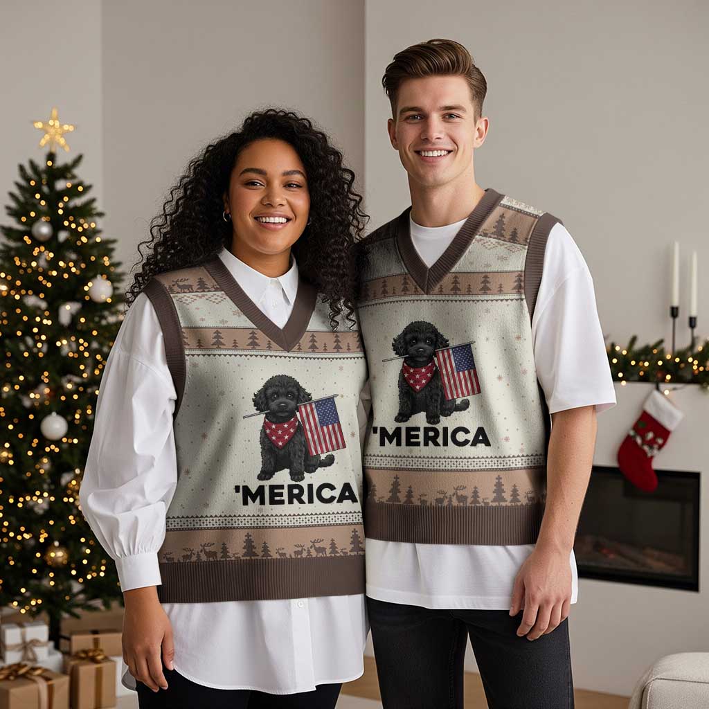 Merica Poodle Dog Lover Gift V-Neck Knit Sweater Vest Patriotic 4th Of July