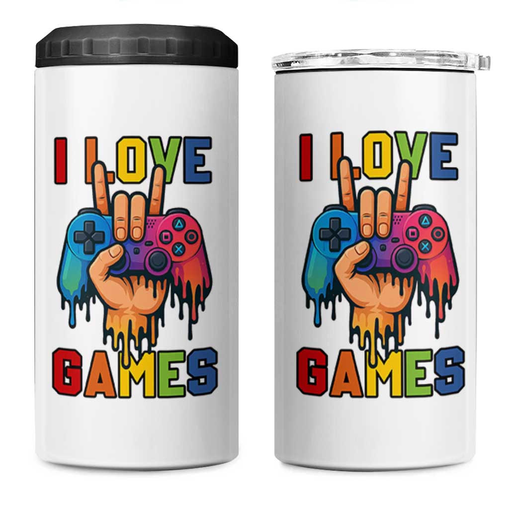 I Love Games Colorful Gamer Controller Gift 4 in 1 Can Cooler Tumbler