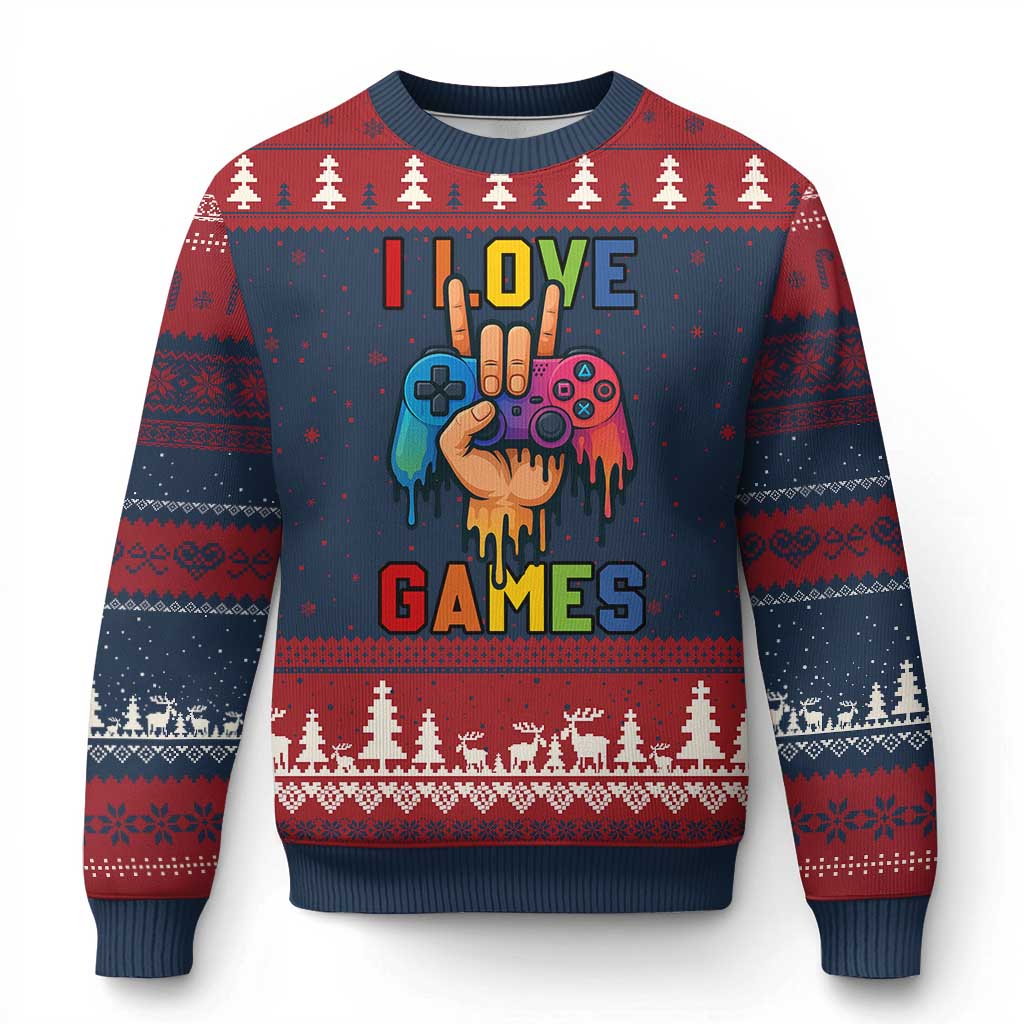 I Love Games Colorful Gamer Controller Gift Ugly Christmas Sweater - Wonder Print Shop