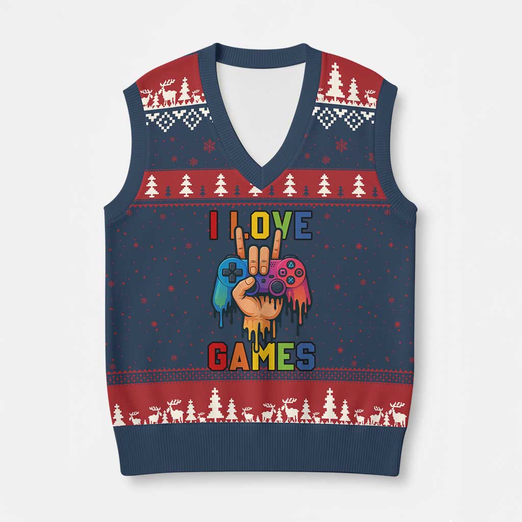 I Love Games Colorful Gamer Controller Gift V-Neck Knit Sweater Vest - Wonder Print Shop