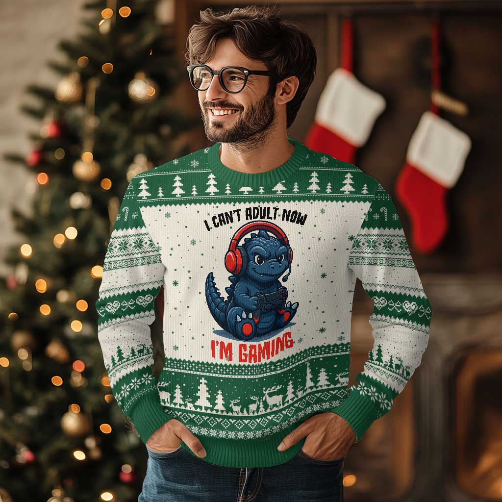 I Cant Adult Now Im Gaming Ugly Christmas Sweater Funny Monster Playing Video Game - Wonder Print Shop