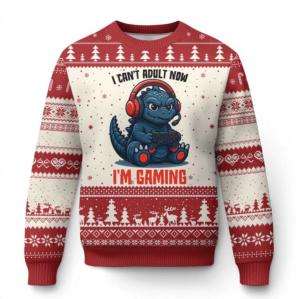 I Cant Adult Now Im Gaming Ugly Christmas Sweater Funny Monster Playing Video Game - Wonder Print Shop