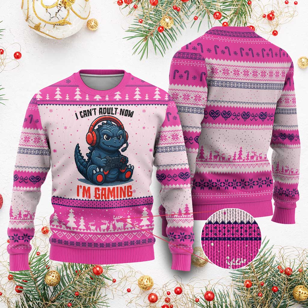 I Cant Adult Now Im Gaming Ugly Christmas Sweater Funny Monster Playing Video Game - Wonder Print Shop