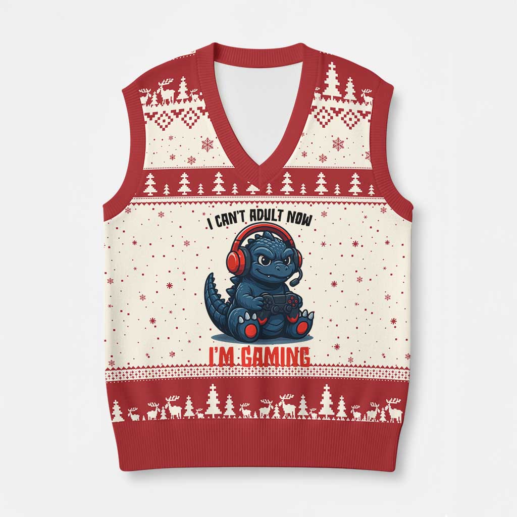 I Cant Adult Now Im Gaming V-Neck Knit Sweater Vest Funny Monster Playing Video Game - Wonder Print Shop