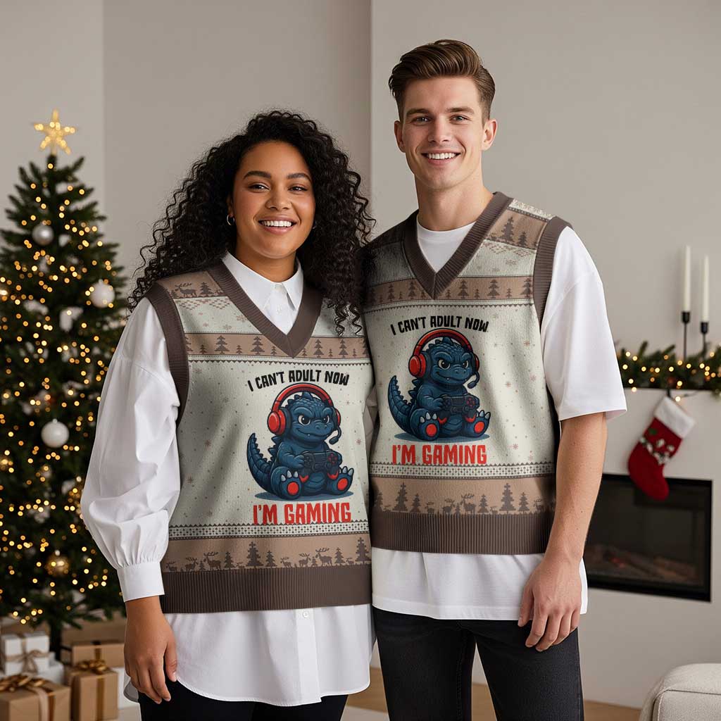 I Cant Adult Now Im Gaming V-Neck Knit Sweater Vest Funny Monster Playing Video Game - Wonder Print Shop