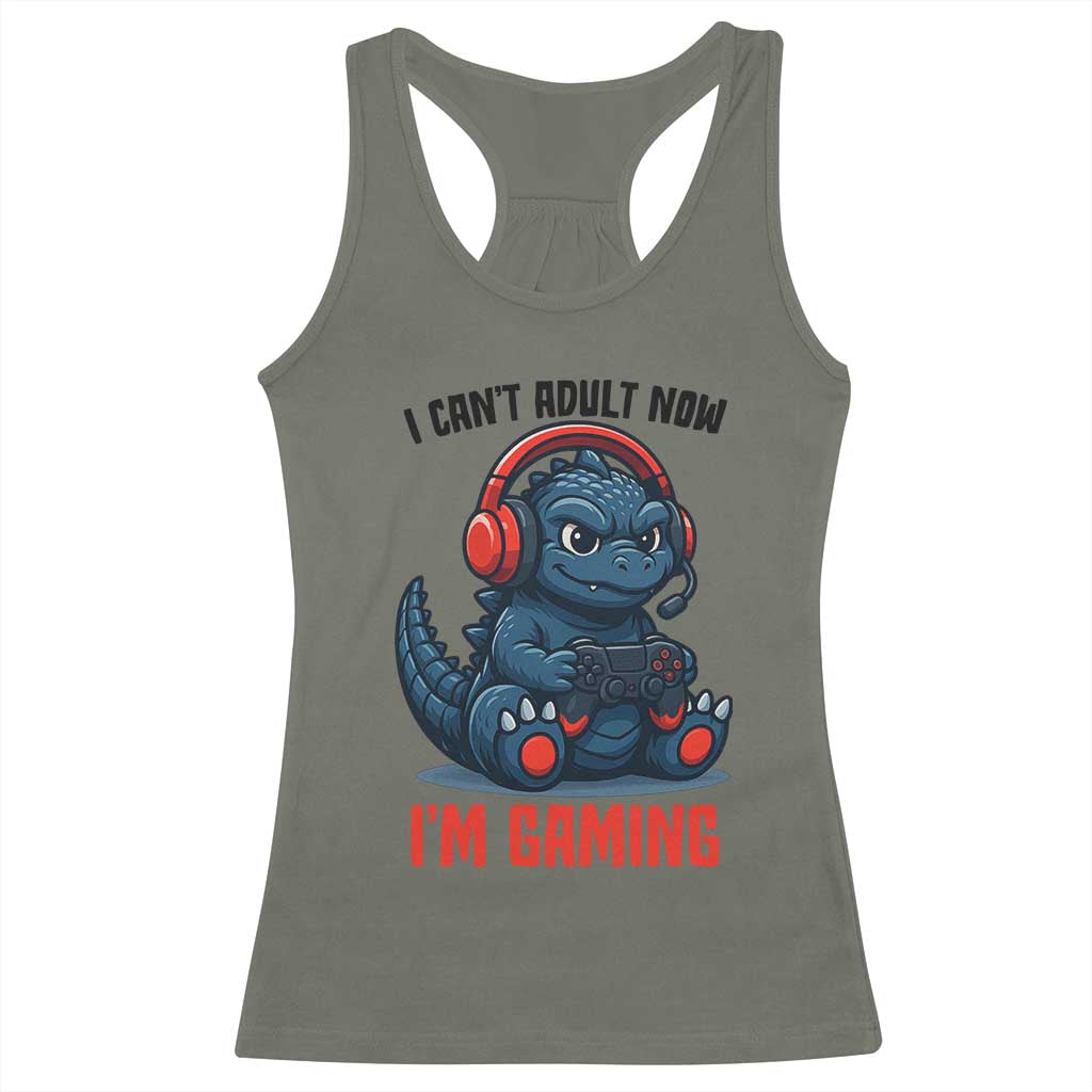 I Cant Adult Now Im Gaming Racerback Tank Top Funny Monster Playing Video Game - Wonder Print Shop