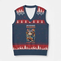 Funny Gamer Cat V-Neck Knit Sweater Vest Life Without Gaming Is Nothing Good - Wonder Print Shop
