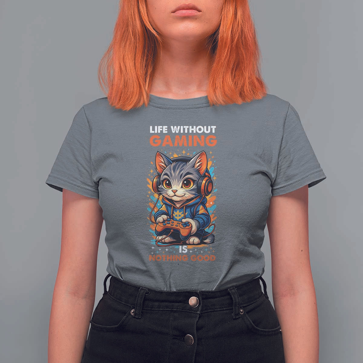 Funny Gamer Cat T Shirt For Women Life Without Gaming Is Nothing Good - Wonder Print Shop