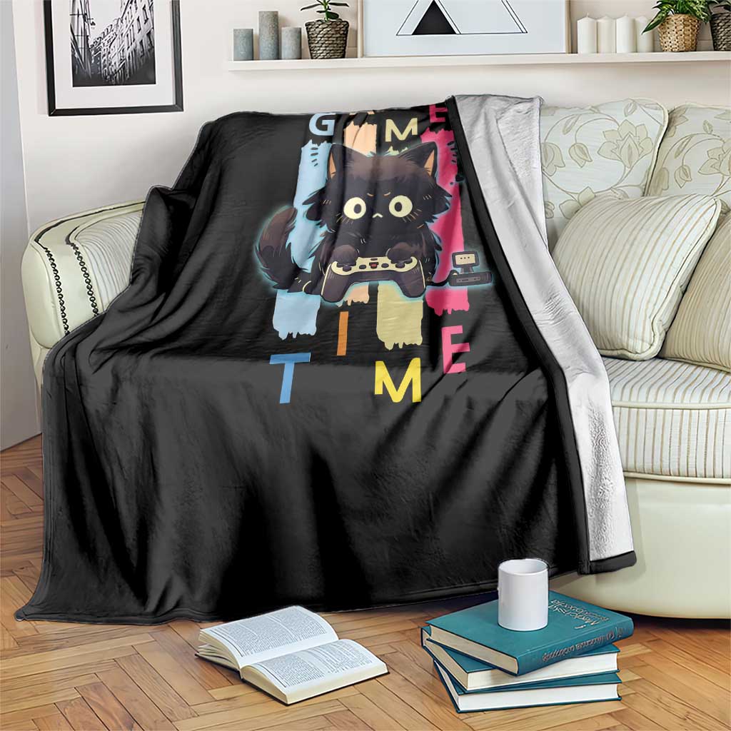 Game Time Throw Blanket Cute Black Cat Gamer Lover Gift - Wonder Print Shop