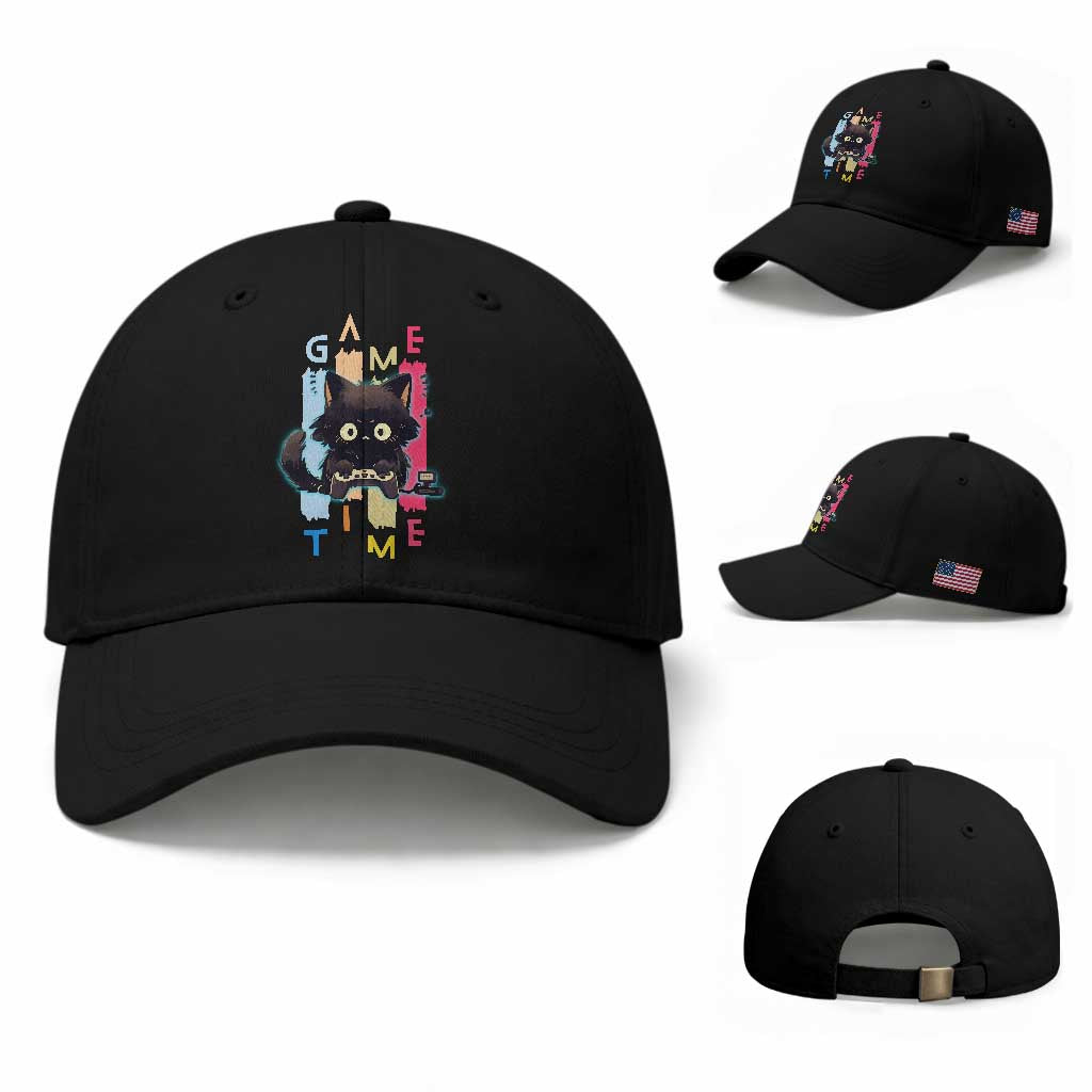 Game Time Baseball Cap Cute Black Cat Gamer Lover Gift
