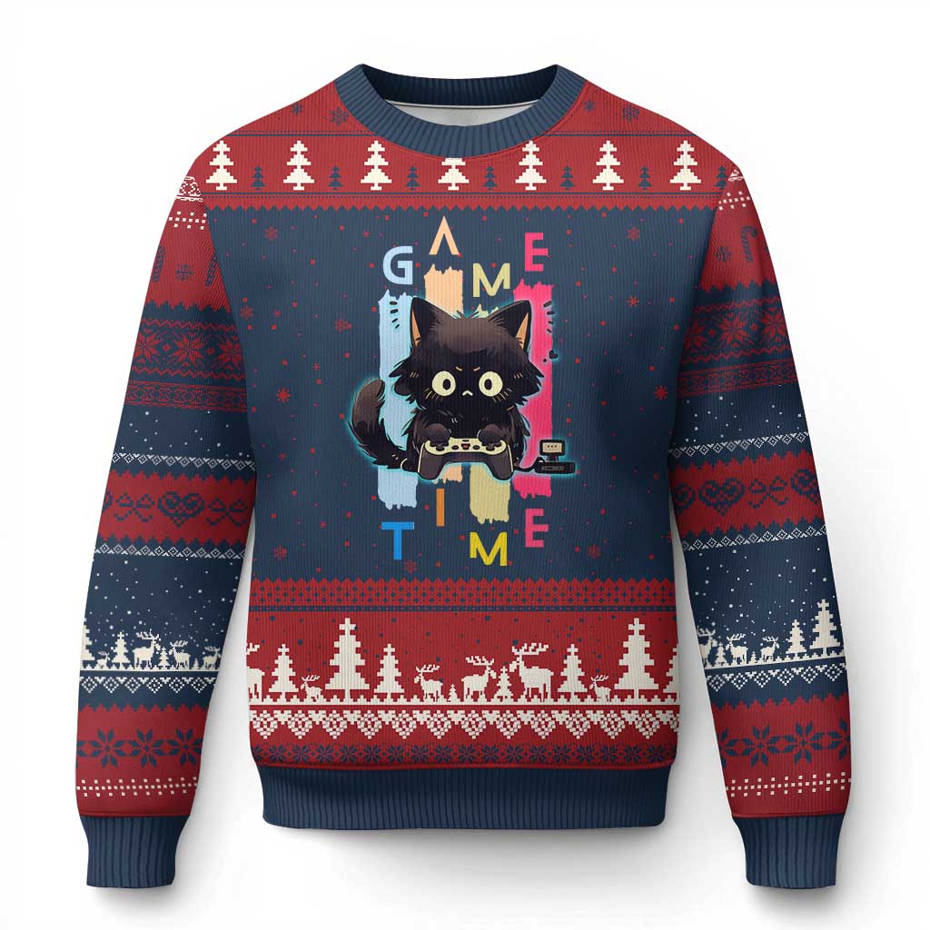 Game Time Ugly Christmas Sweater Cute Black Cat Gamer Lover Gift - Wonder Print Shop