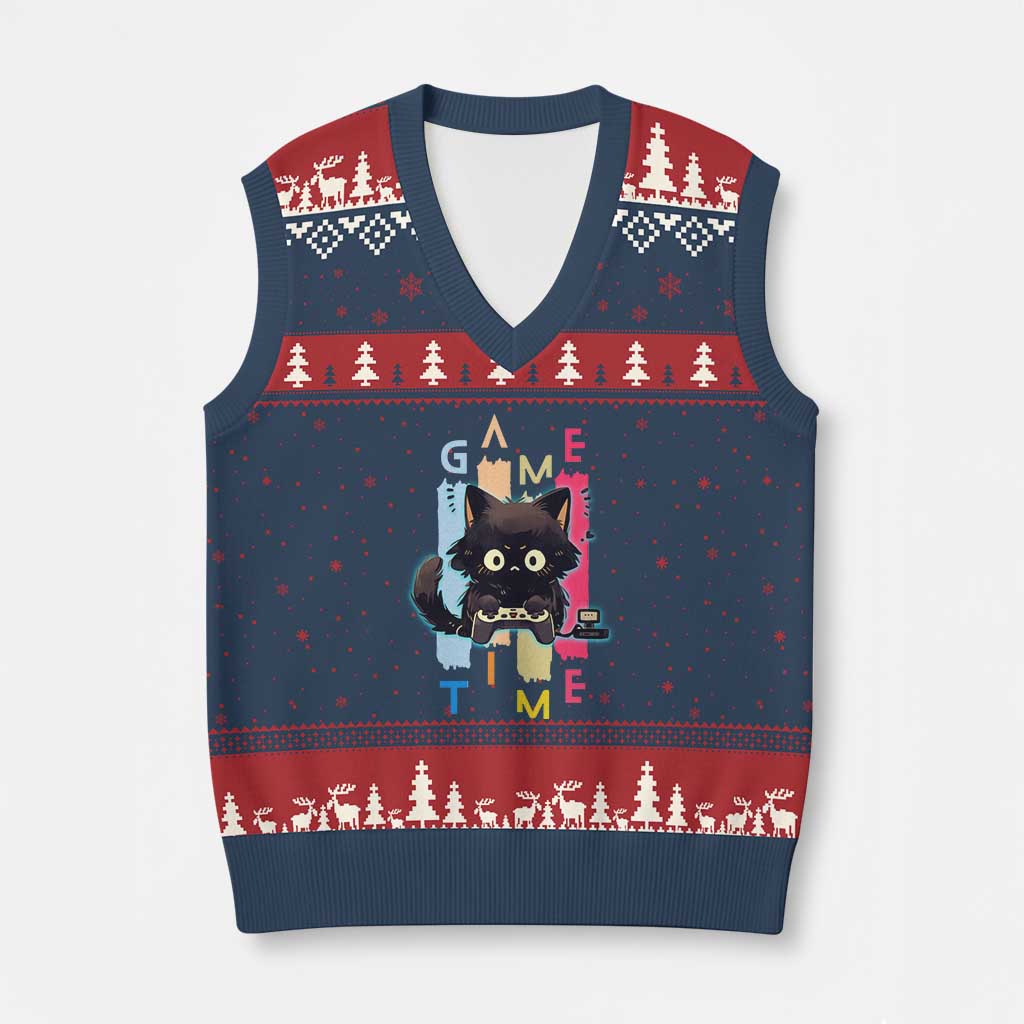 Game Time V-Neck Knit Sweater Vest Cute Black Cat Gamer Lover Gift - Wonder Print Shop