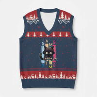 Game Time V-Neck Knit Sweater Vest Cute Black Cat Gamer Lover Gift - Wonder Print Shop