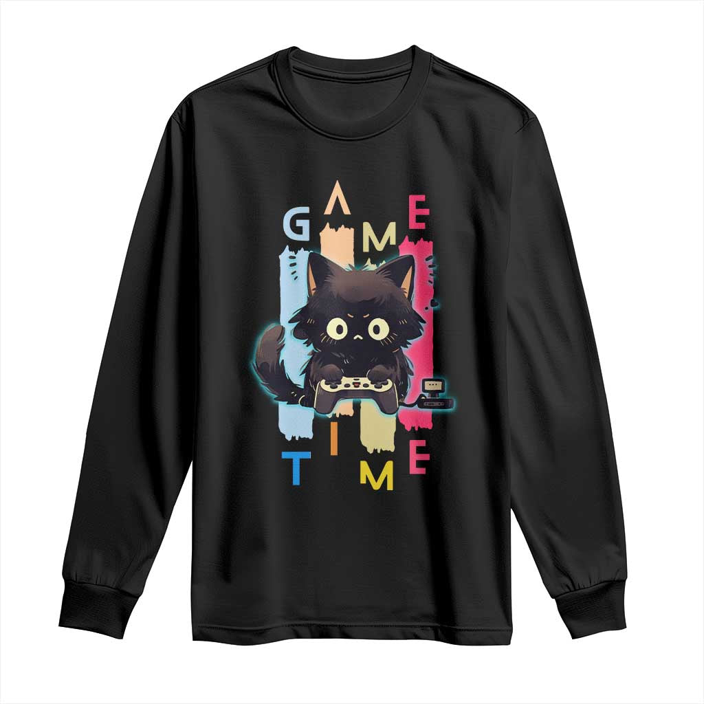 Game Time Long Sleeve Shirt Cute Black Cat Gamer Lover Gift - Wonder Print Shop