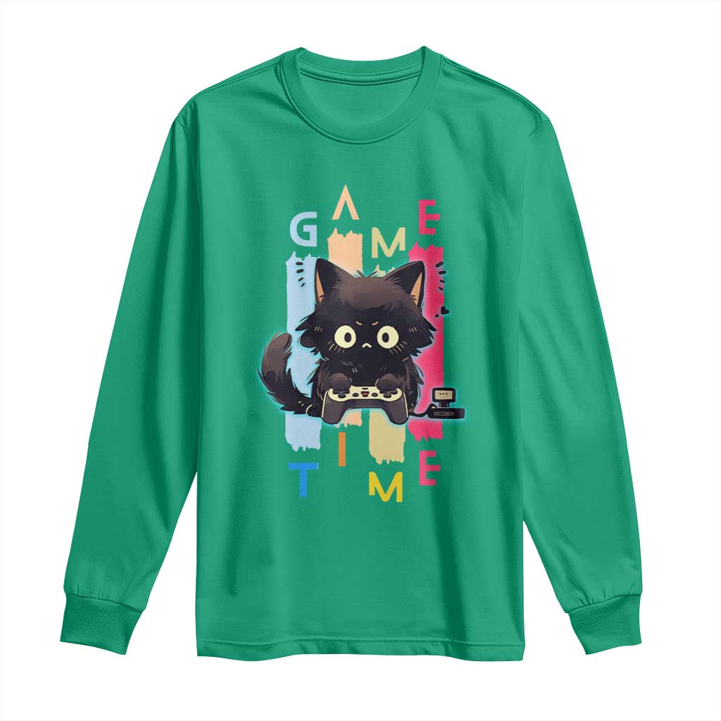 Game Time Long Sleeve Shirt Cute Black Cat Gamer Lover Gift - Wonder Print Shop