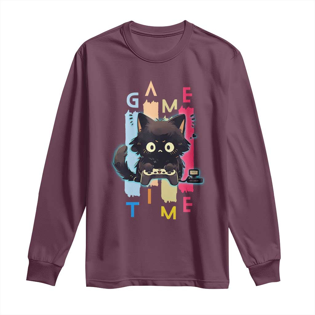 Game Time Long Sleeve Shirt Cute Black Cat Gamer Lover Gift - Wonder Print Shop