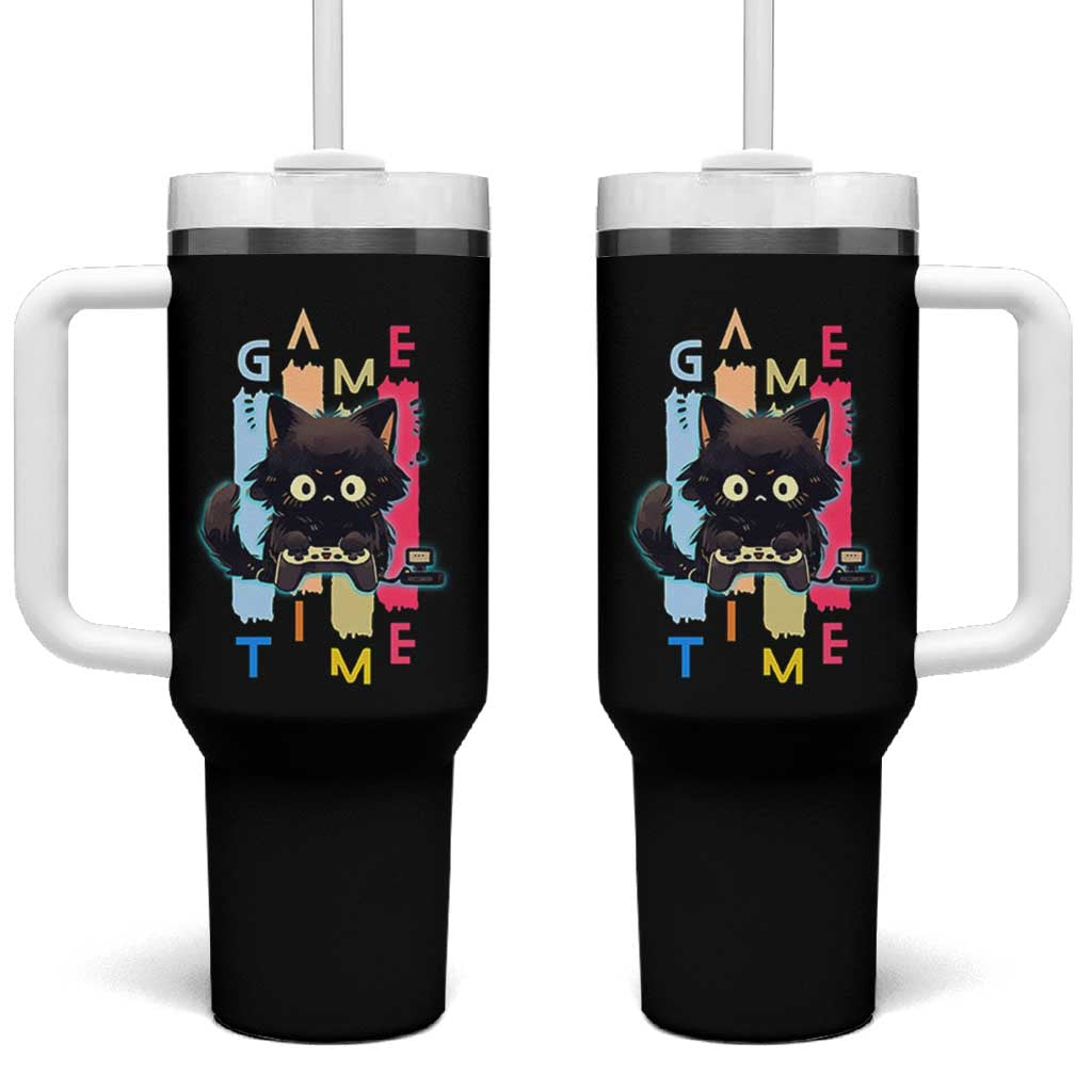 Game Time Tumbler With Handle Cute Black Cat Gamer Lover Gift