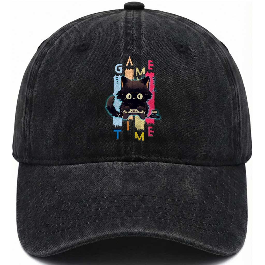 Game Time Washed Cotton Baseball Cap Cute Black Cat Gamer Lover Gift