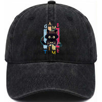 Game Time Washed Cotton Baseball Cap Cute Black Cat Gamer Lover Gift