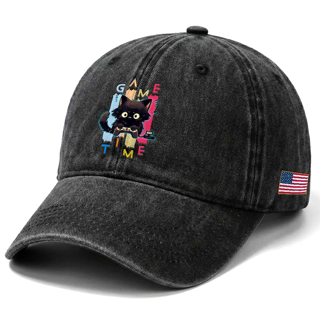 Game Time Washed Cotton Baseball Cap Cute Black Cat Gamer Lover Gift