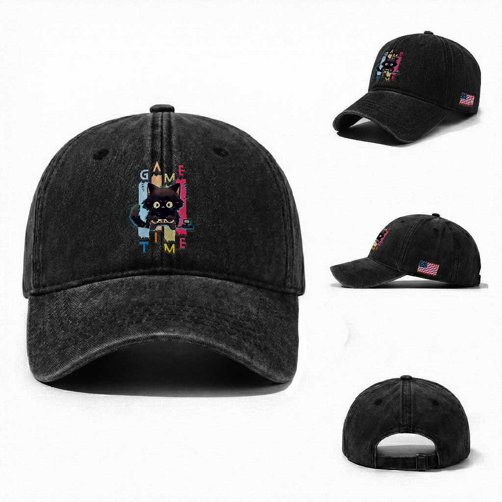 Game Time Washed Cotton Baseball Cap Cute Black Cat Gamer Lover Gift