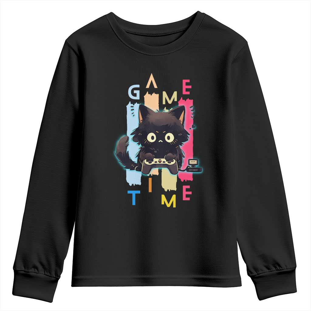 Game Time Youth Sweatshirt Cute Black Cat Gamer Lover Gift - Wonder Print Shop