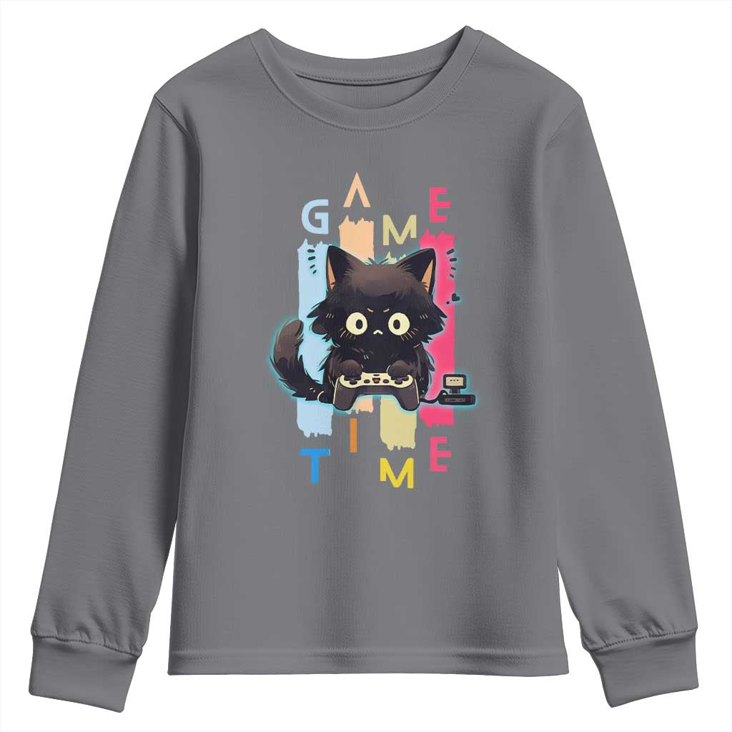 Game Time Youth Sweatshirt Cute Black Cat Gamer Lover Gift - Wonder Print Shop