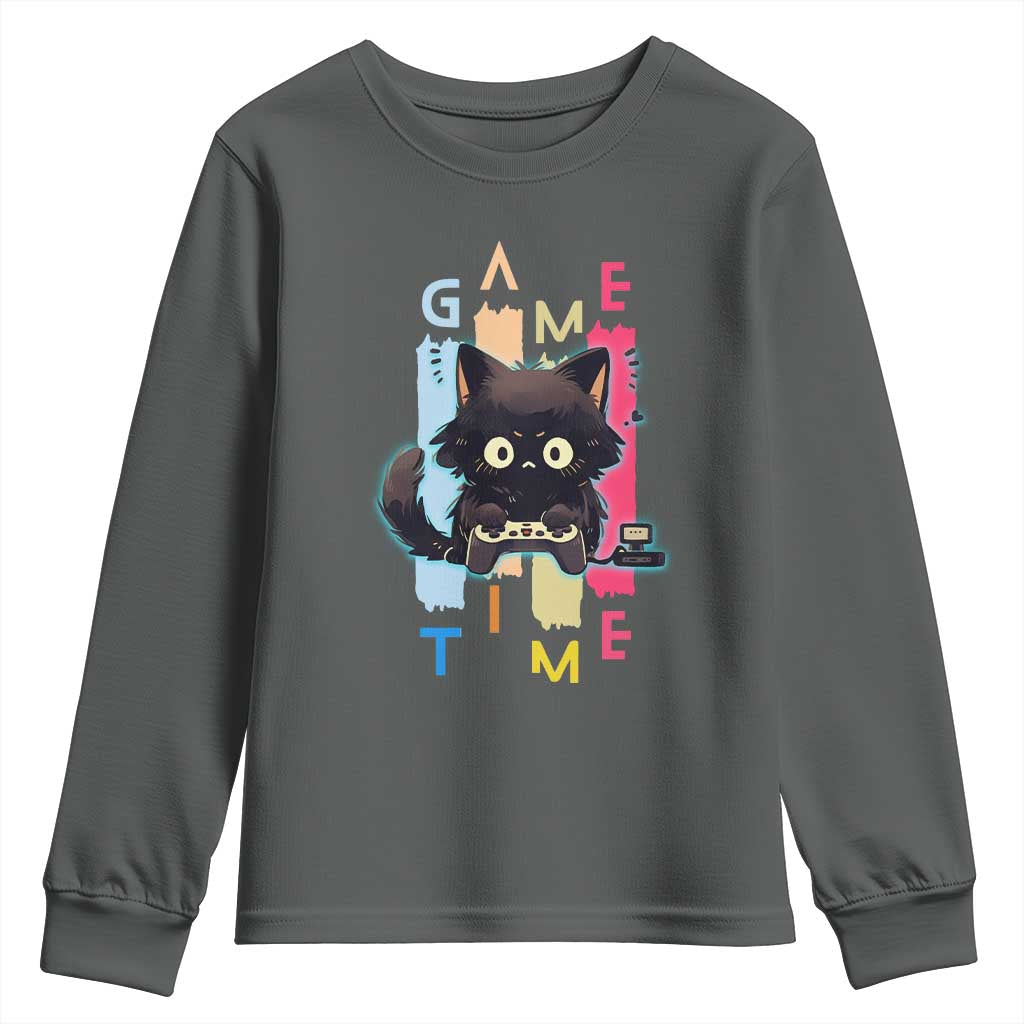 Game Time Youth Sweatshirt Cute Black Cat Gamer Lover Gift - Wonder Print Shop
