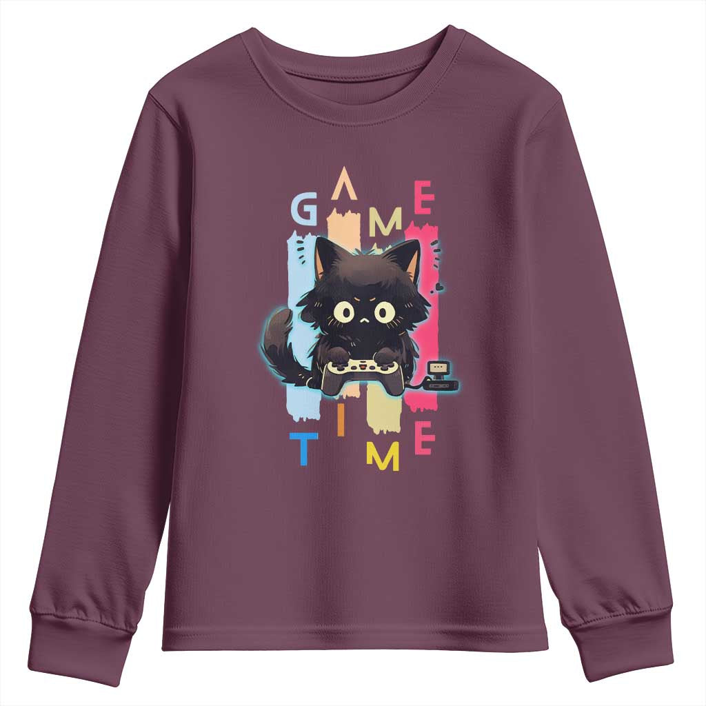 Game Time Youth Sweatshirt Cute Black Cat Gamer Lover Gift - Wonder Print Shop