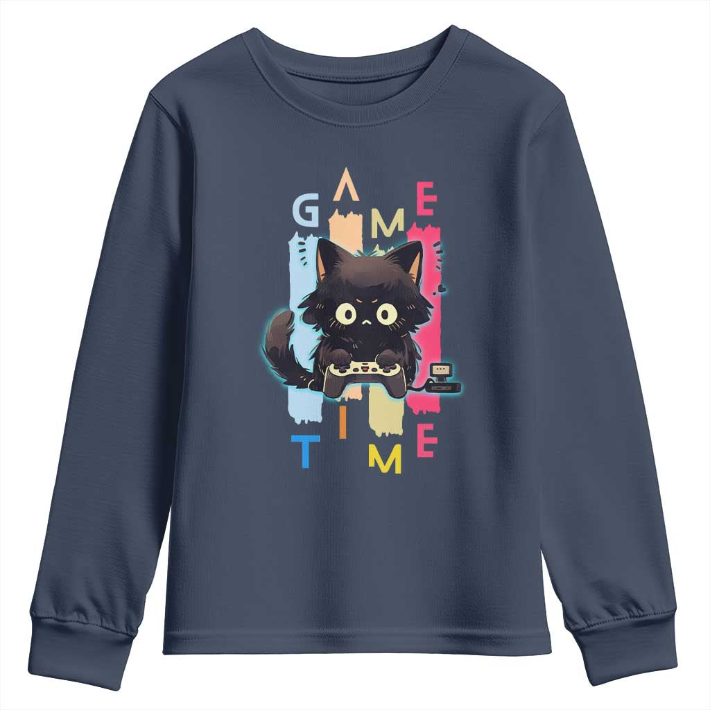 Game Time Youth Sweatshirt Cute Black Cat Gamer Lover Gift - Wonder Print Shop