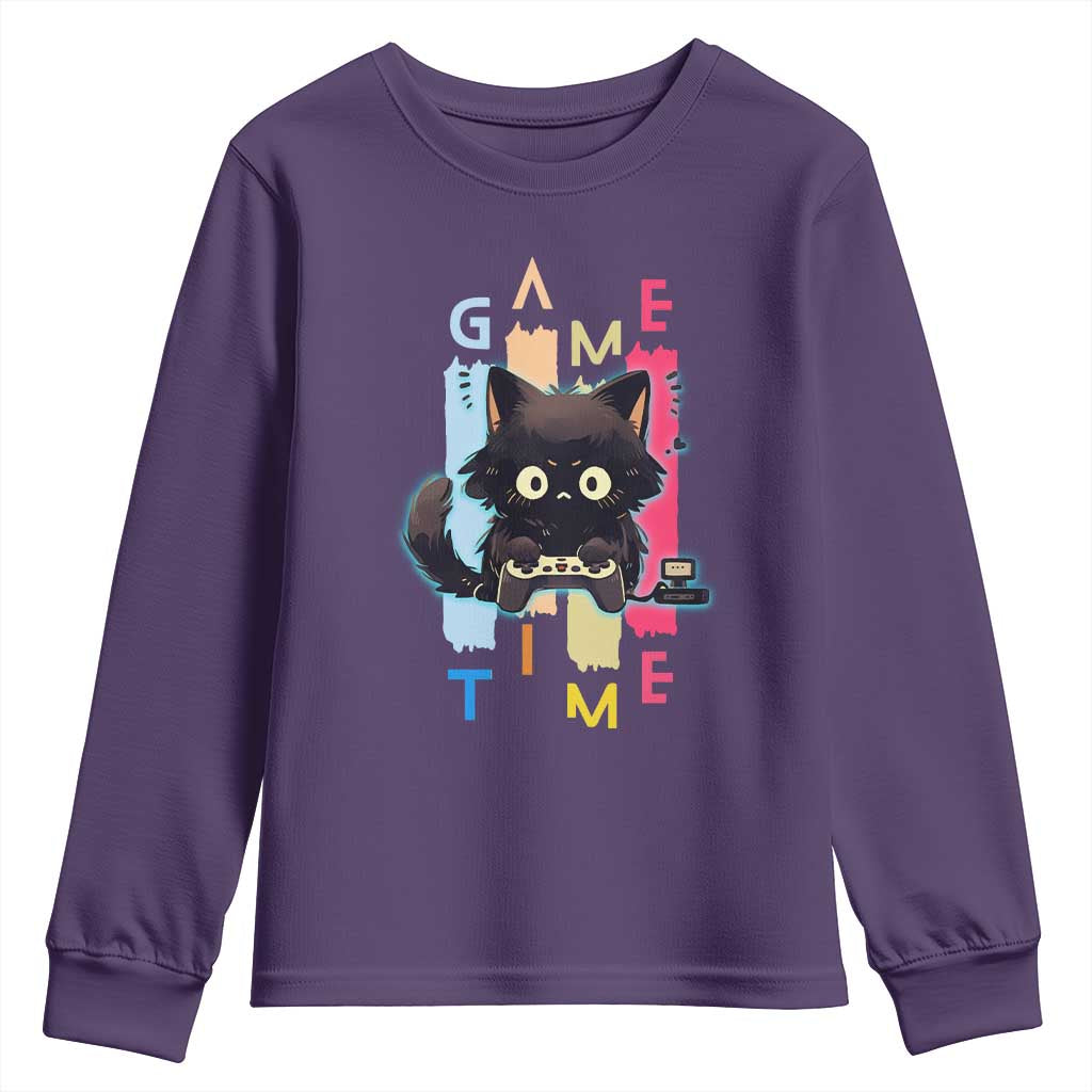 Game Time Youth Sweatshirt Cute Black Cat Gamer Lover Gift - Wonder Print Shop