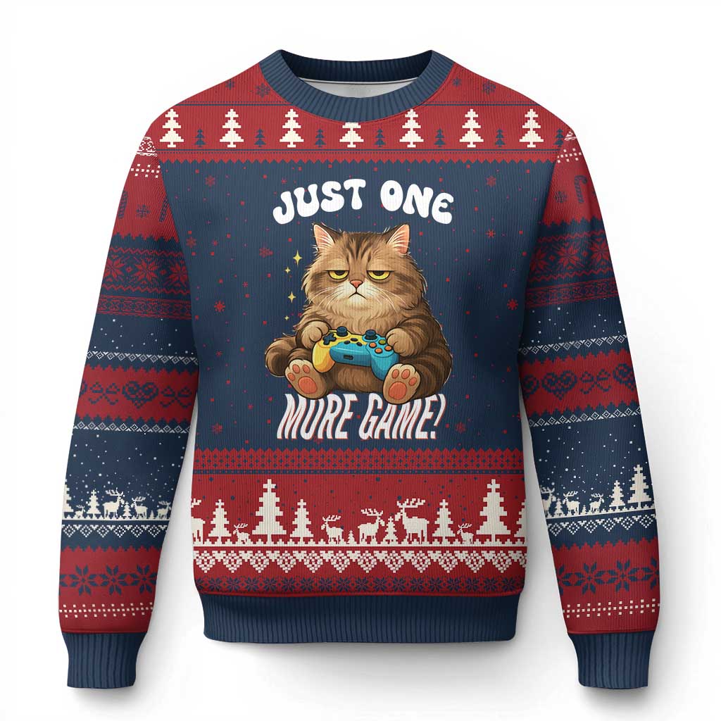 Just One More Game Ugly Christmas Sweater Funny Lazy Cat Playing Video Game - Wonder Print Shop