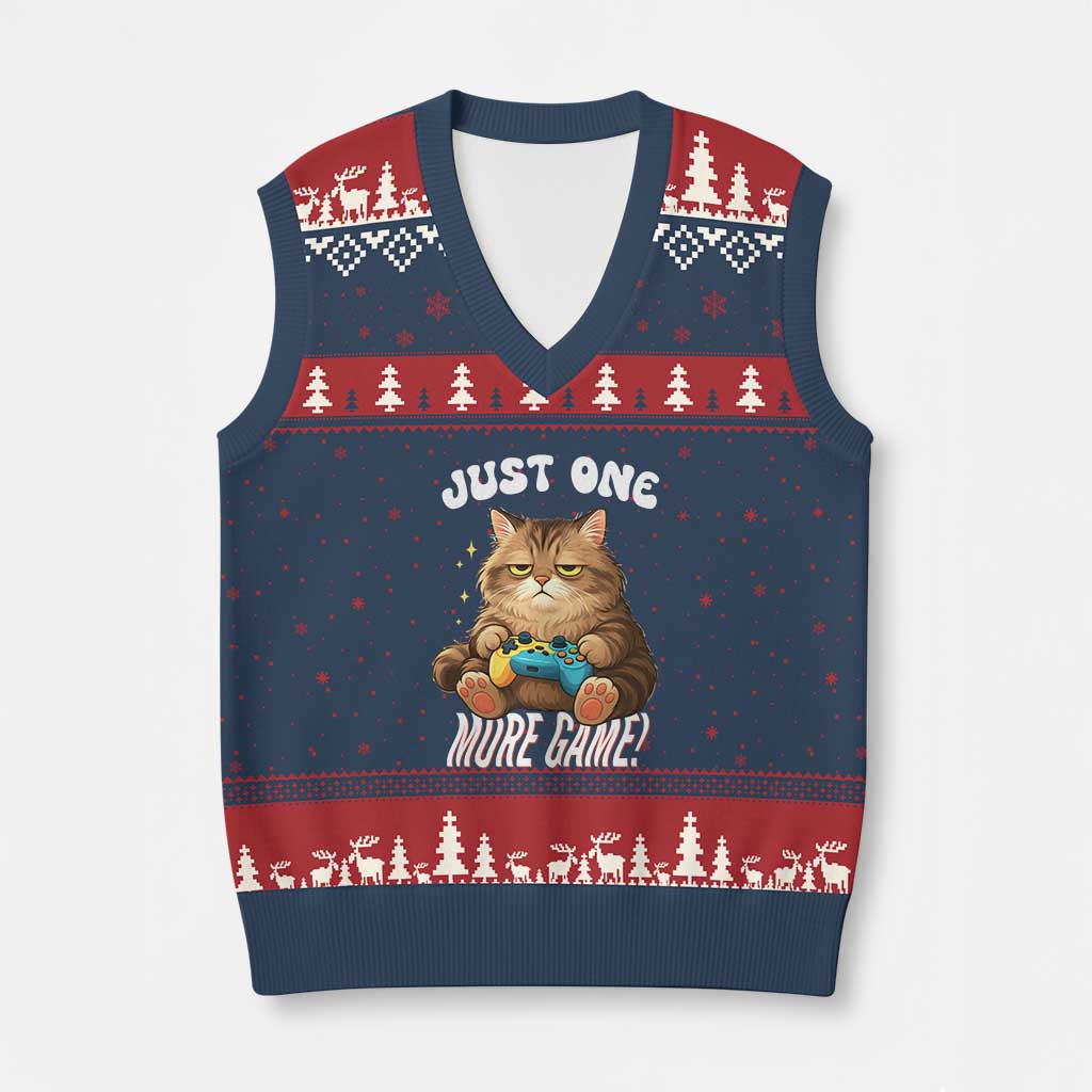 Just One More Game V-Neck Knit Sweater Vest Funny Lazy Cat Playing Video Game - Wonder Print Shop