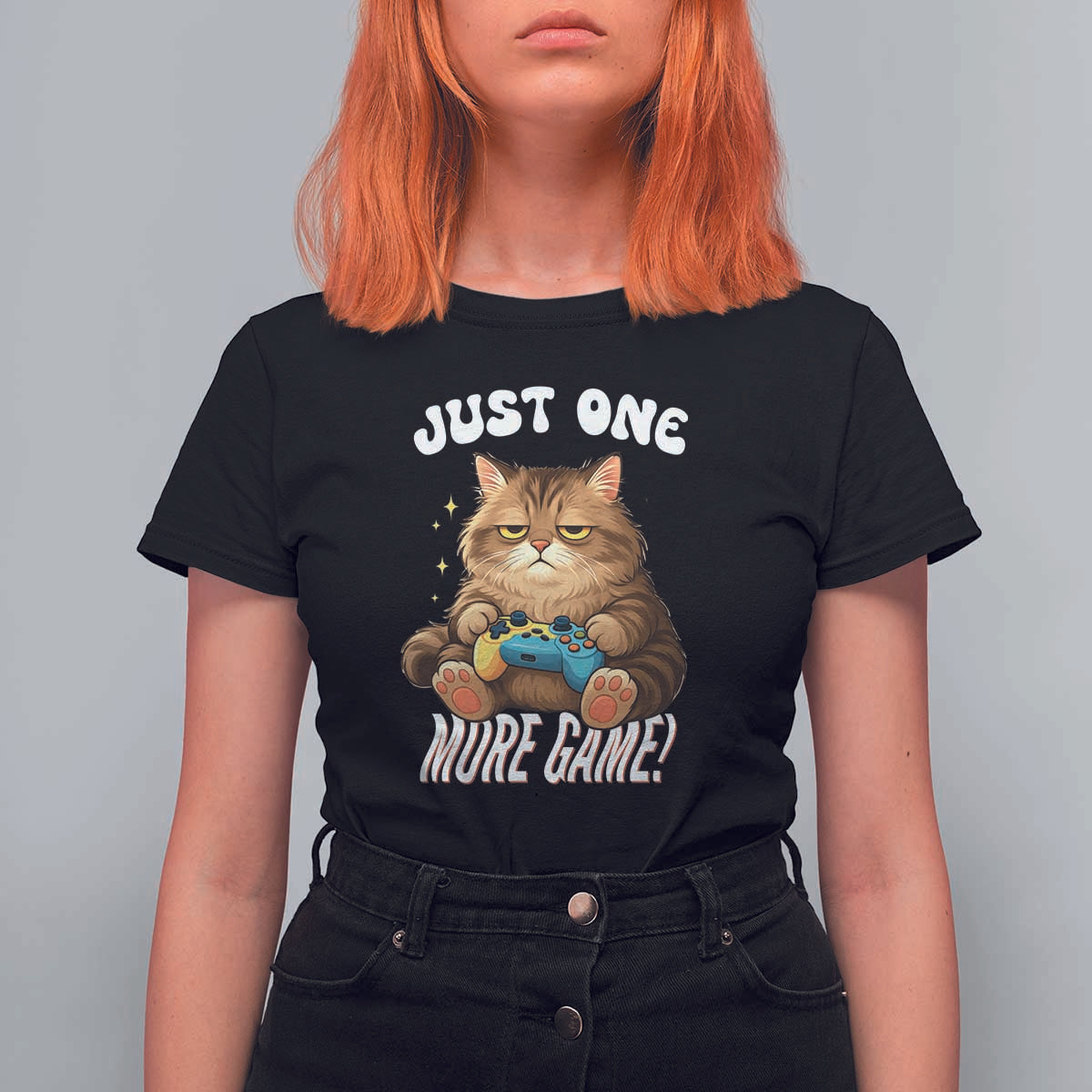 Just One More Game T Shirt For Women Funny Lazy Cat Playing Video Game - Wonder Print Shop