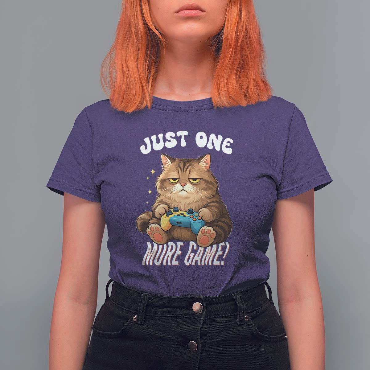 Just One More Game T Shirt For Women Funny Lazy Cat Playing Video Game - Wonder Print Shop