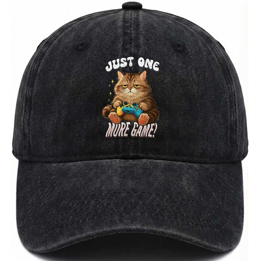 Just One More Game Washed Cotton Baseball Cap Funny Lazy Cat Playing Video Game