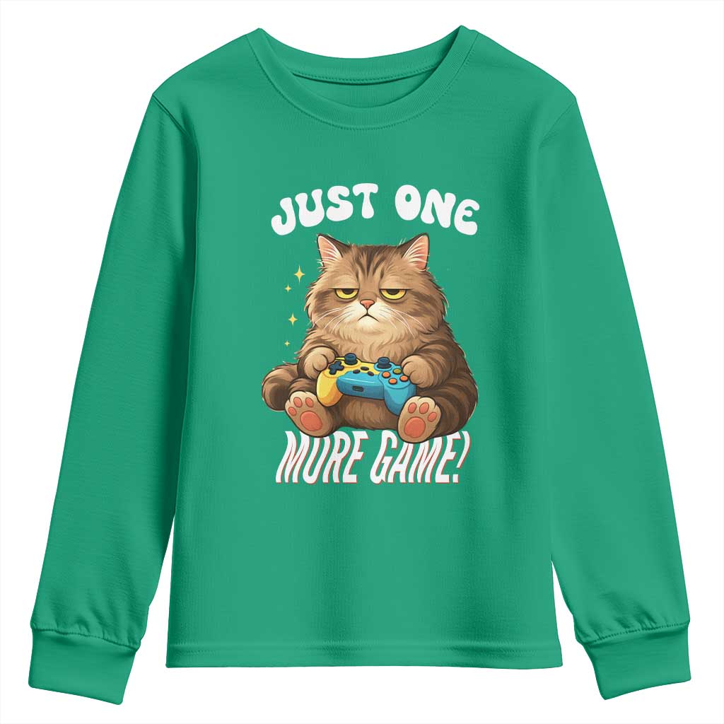 Just One More Game Youth Sweatshirt Funny Lazy Cat Playing Video Game - Wonder Print Shop